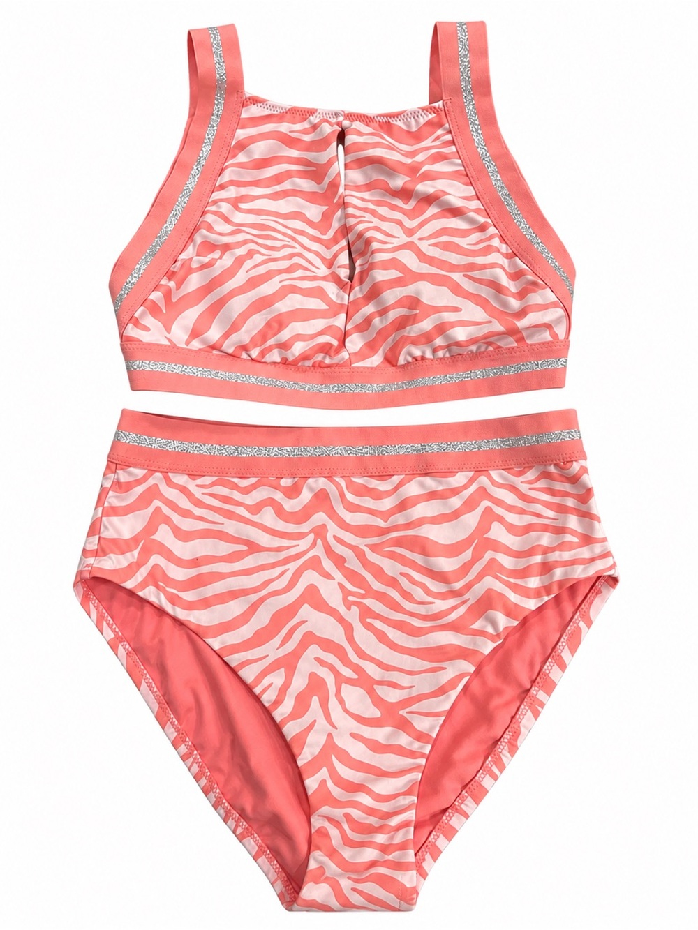 Sanctuary Coral Zebra Print High Waist Swim Set Silver Sparkle Trim